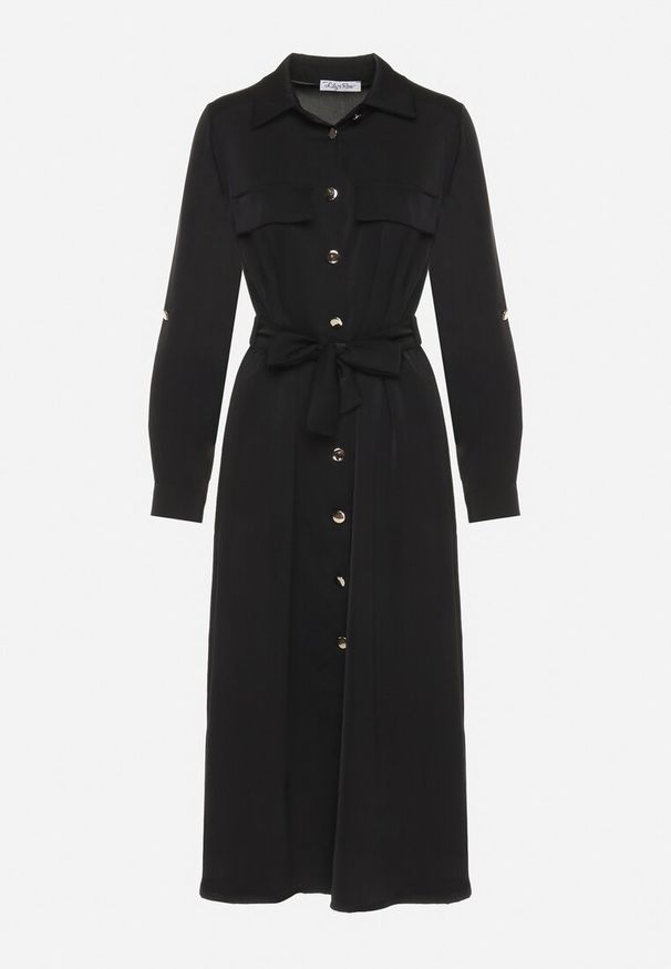 Born2be - Czarna Koszulowa Sukienka z Eleganckimi Guzikami i Wiązanym Paskiem w Talii Kortella. Okazja: na co dzień, na spotkanie biznesowe. Typ kołnierza: dekolt w serek. Kolor: czarny. Długość rękawa: długi rękaw. Typ sukienki: koszulowe. Styl: elegancki