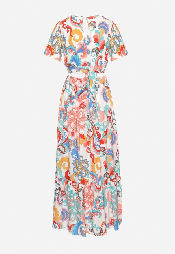 Born2be - Biało-Niebieski Komplet Krótka Bluzka z Kopertowym Dekoltem Spódnica z Gumką w Pasie Binesta. Kolor: biały. Materiał: jeans, materiał