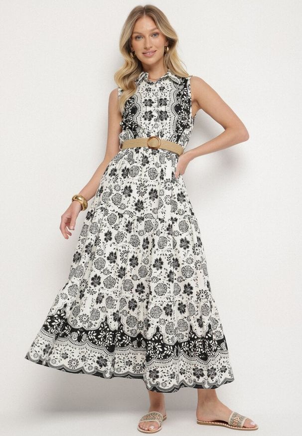 Born2be - Czarna Bawełniana Sukienka o Koszulowym Kroju Bez Rękawów z Paskiem Mirulenia. Okazja: na co dzień. Typ kołnierza: dekolt w kształcie V. Kolor: czarny. Materiał: bawełna. Długość rękawa: bez rękawów. Wzór: haft, aplikacja, kwiaty. Typ sukienki: koszulowe. Styl: casual