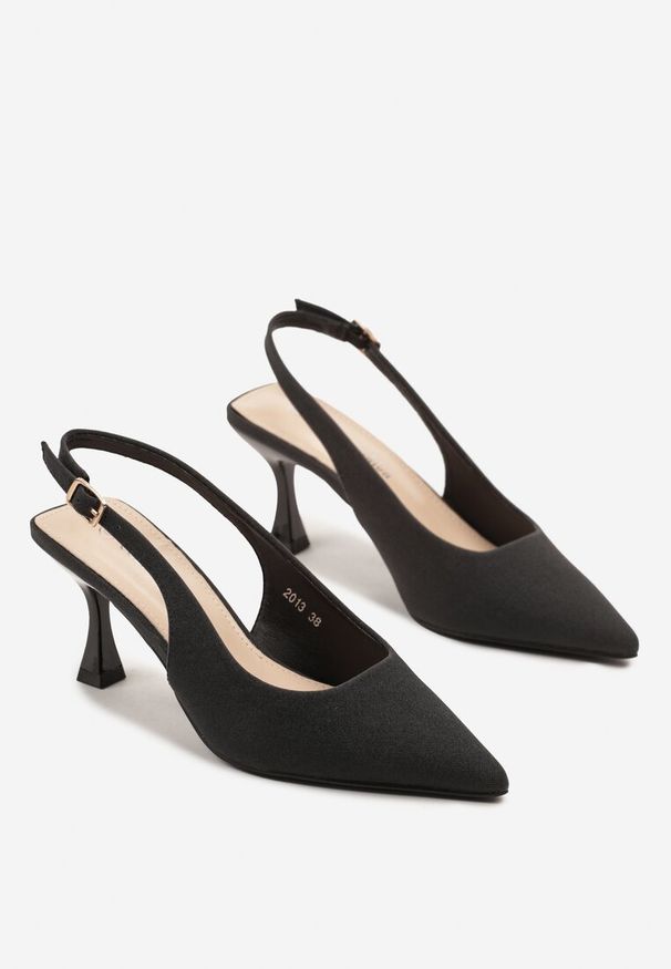 Renee - Czarne Sandały Slingback na Klepsydrze Zdobione Brokatem Reolina. Okazja: na co dzień. Kolor: czarny. Materiał: jeans. Wzór: aplikacja. Obcas: na obcasie. Styl: elegancki, klasyczny, casual. Wysokość obcasa: średni