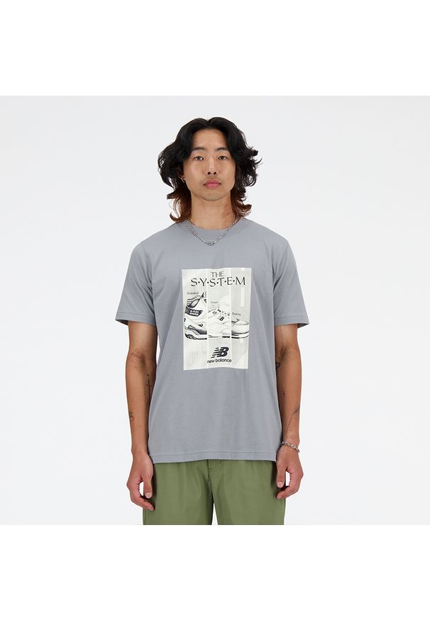 Koszulka męska New Balance MT41595YST – szara. Kolor: szary. Materiał: materiał, bawełna, dresówka. Długość rękawa: krótki rękaw. Długość: krótkie