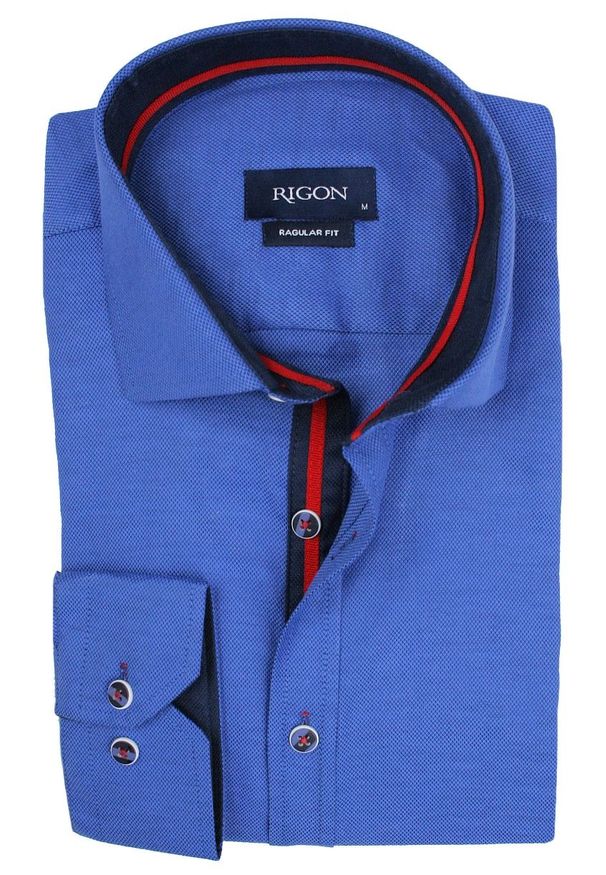 Rigon - Elegancka, Ciemnoniebieska Koszula Męska, Długi Rękaw, Krój Prosty. Okazja: na spotkanie biznesowe, do pracy. Kolor: niebieski. Materiał: bawełna, lycra. Długość rękawa: długi rękaw. Długość: długie. Styl: elegancki