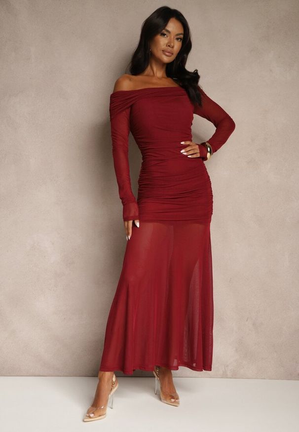 Renee - Bordowa Koktajlowa Sukienka z Prześwitującymi Rękawami i Marszczeniem Haludea. Okazja: na imprezę. Kolor: czerwony. Styl: wizytowy