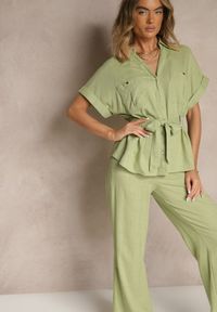 Renee - Zielony Komplet z Bawełną Spodnie i Koszula z Paskiem Rinaretea. Kolor: zielony. Materiał: bawełna. Wzór: aplikacja #4