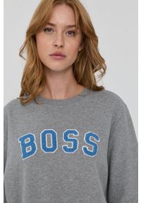 BOSS - Boss Bluza bawełniana damska kolor szary z aplikacją. Kolor: szary. Materiał: bawełna. Długość rękawa: długi rękaw. Długość: długie. Wzór: aplikacja