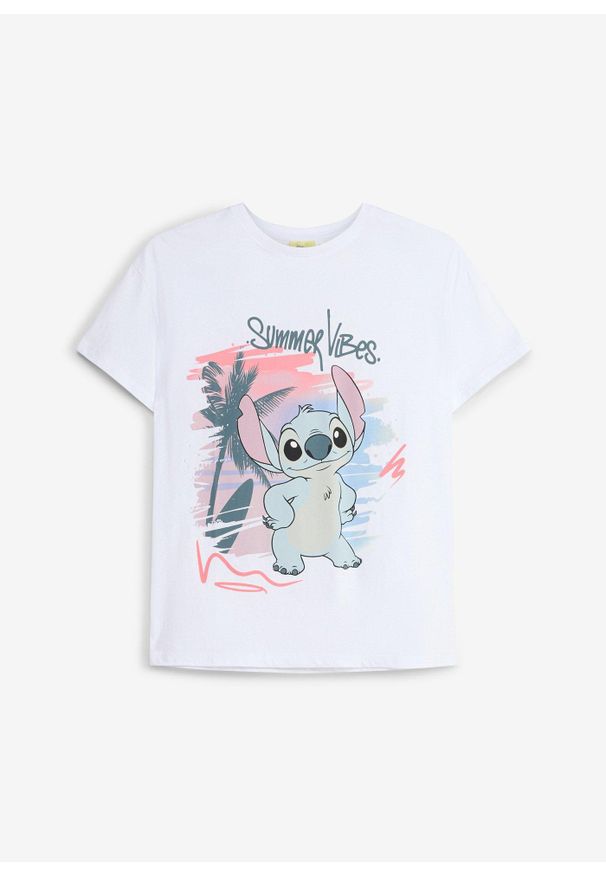 bonprix - Koszulka Disney Stitch z czystej bawełny. Kolor: biały. Materiał: bawełna. Długość rękawa: krótki rękaw. Długość: krótkie. Wzór: motyw z bajki
