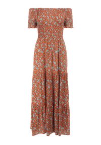 Born2be - Pomarańczowo-Niebieska Sukienka z Wiskozy Cheri. Typ kołnierza: dekolt hiszpanka. Kolor: pomarańczowy. Materiał: wiskoza. Wzór: kwiaty. Sezon: lato. Typ sukienki: rozkloszowane. Długość: maxi #5
