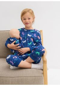 bonprix - Piżama jednoczęściowa z piżamą dla lalki (2 części), z czystej bawełny organicznej. Kolor: niebieski. Materiał: bawełna. Wzór: aplikacja, nadruk