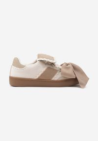 Renee - Beżowe Sneakersy Ozdobione Geometrycznym Wzorem i Kokardą Cedionna. Okazja: na co dzień. Kolor: beżowy. Materiał: jeans. Wzór: aplikacja, geometria #3