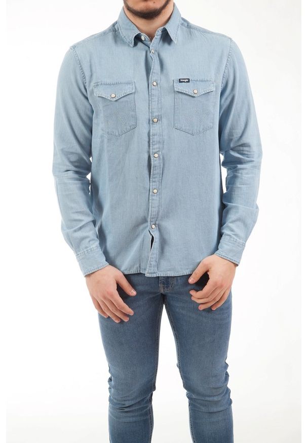 Wrangler - WRANGLER LS DENIM SHIRT MĘSKA KOSZULA JEANSOWA LOGO LIGHT INDIGO W5M7C3X4E. Materiał: jeans, denim