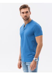 Ombre Clothing - T-shirt męski bez nadruku z guzikami - niebieski melanż V2 - Rozmiar: M. Typ kołnierza: polo. Kolor: niebieski. Materiał: jeans, bawełna, poliester. Wzór: melanż #1