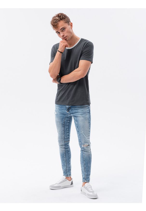 Ombre Clothing - T-shirt męski bawełniany S1385 - grafitowy - XXL. Kolor: szary. Materiał: bawełna. Styl: klasyczny