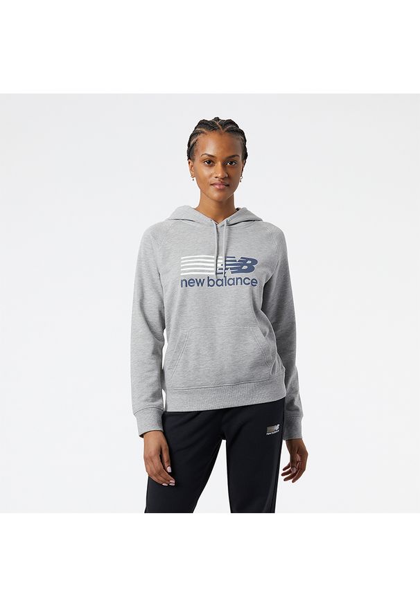 Bluza damska New Balance WT23800AG – szara. Typ kołnierza: kaptur. Kolor: szary. Materiał: bawełna, dresówka, poliester, prążkowany