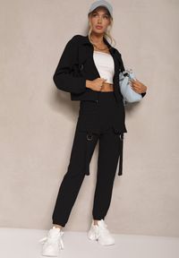 Renee - Czarny Komplet Dresowy Utility Bluza Rozpinana i Spodnie z Kieszeniami Telinoria. Kolor: czarny. Materiał: dresówka. Wzór: aplikacja #4