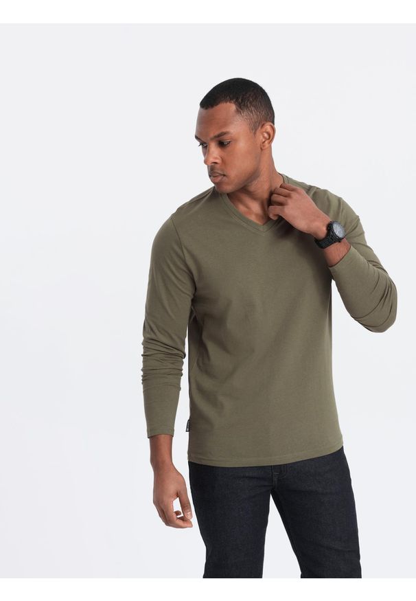 Ombre Clothing - Zestaw longsleeve męski V-NECK - mix 2-pak V5 - Rozmiar: M. Okazja: na co dzień. Kolor: beżowy. Materiał: tkanina, skóra, materiał, bawełna. Długość rękawa: długi rękaw. Długość: długie. Wzór: gładki, jednolity. Styl: klasyczny, wizytowy, casual