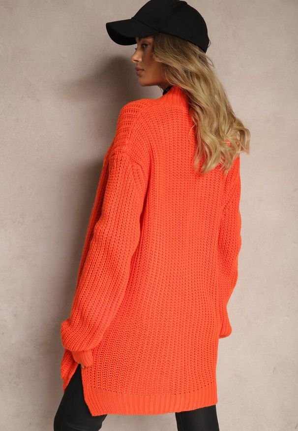 Renee - Pomarańczowy Kardigan z Kieszeniami Niezapinany Parika. Okazja: na co dzień, na spotkanie biznesowe. Kolor: pomarańczowy. Materiał: jeans. Styl: wizytowy, biznesowy, elegancki, casual