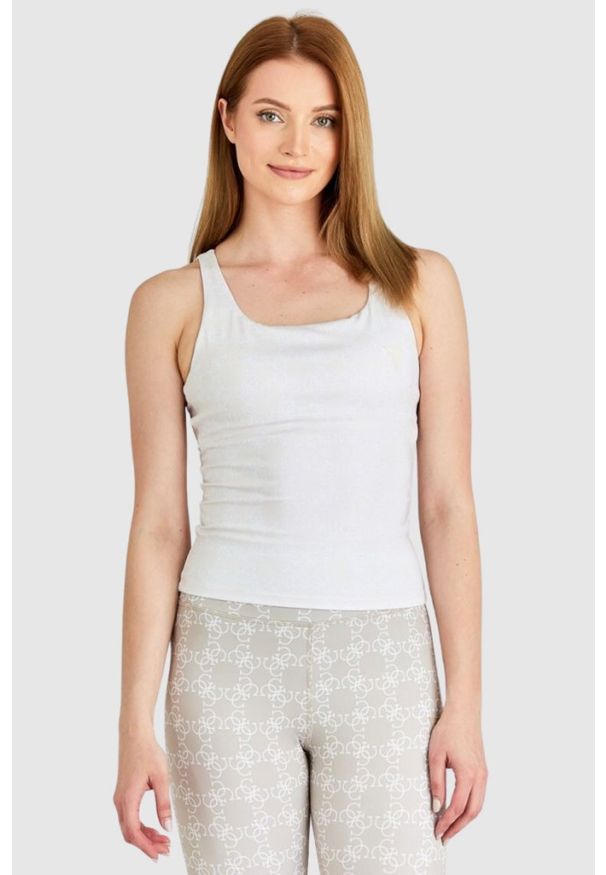 Guess - GUESS Sportowy top damski z ozdobnymi plecami, Rozmiar S. Kolor: beżowy. Materiał: poliester. Długość rękawa: na ramiączkach. Wzór: aplikacja. Styl: sportowy