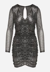 Born2be - Czarno-Srebrna Cekinowa Sukienka z Marszczeniem Nerli. Kolor: srebrny. Wzór: aplikacja. Długość: mini #2