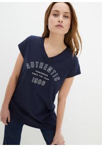 bonprix - Długi shirt. Kolor: niebieski. Długość: długie. Wzór: nadruk
