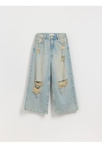 Reserved - Jeansy super wide leg z przetarciami - niebieski. Kolor: niebieski