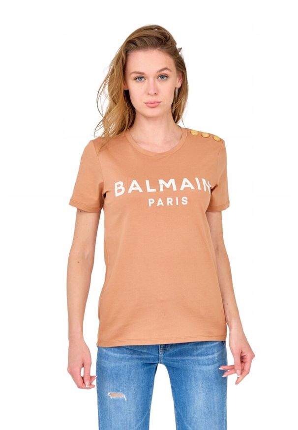 Balmain - BALMAIN Brązowy damski t-shirt z guzikami. Kolor: brązowy. Materiał: bawełna