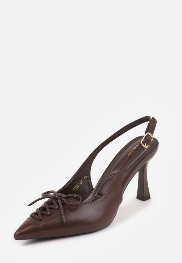 Renee - Brązowe Szpilki Slingback VICES Zdobione Gorsetowym Wiązaniem z Kokardą Azimuna. Okazja: na co dzień. Kolor: brązowy. Materiał: jeans, koronka. Wzór: aplikacja. Obcas: na szpilce. Styl: elegancki, casual