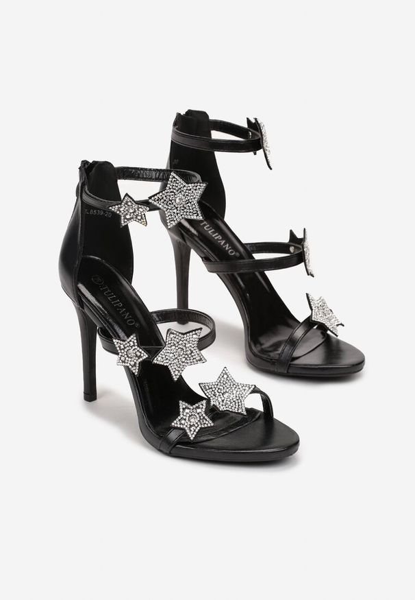 Renee - Czarne Sandały na Wysokiej Szpilce z Ozdobami z Cyrkoniami Ritvia. Kolor: czarny. Wzór: aplikacja