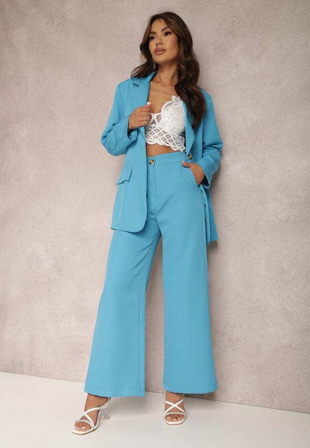 Renee - Niebieskie Spodnie Szerokie Laodaleia. Stan: podwyższony. Kolor: niebieski. Materiał: tkanina. Długość: długie. Wzór: gładki. Styl: elegancki