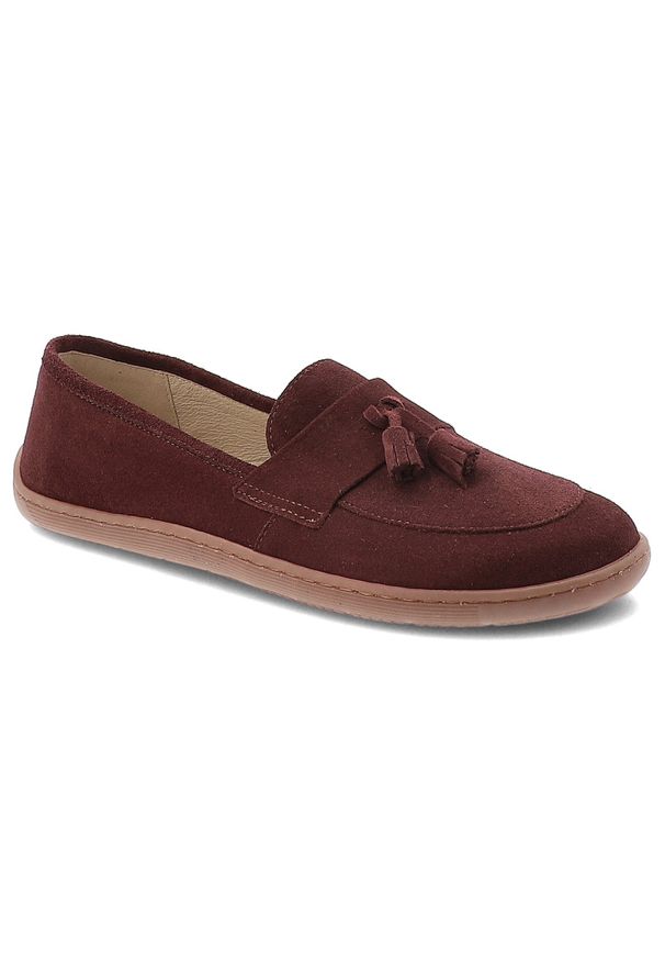 Bordowe Mokasyny Z Frędzlami Armodo Damskie Obuwie Barefoot. Okazja: na co dzień. Kolor: czerwony. Materiał: zamsz. Styl: casual, elegancki