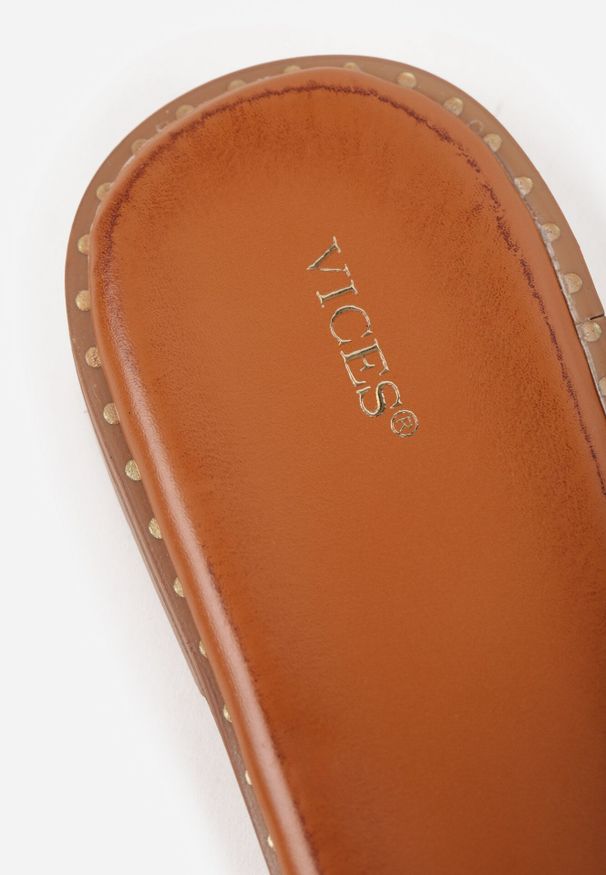 Born2be - Jasnobrązowe Klapki VICES z Biżuteryjnym Detalem w Kształcie Łuku Himemelle. Okazja: na co dzień, do pracy. Kolor: brązowy. Materiał: jeans, len, koronka. Wzór: aplikacja. Styl: casual, klasyczny, elegancki