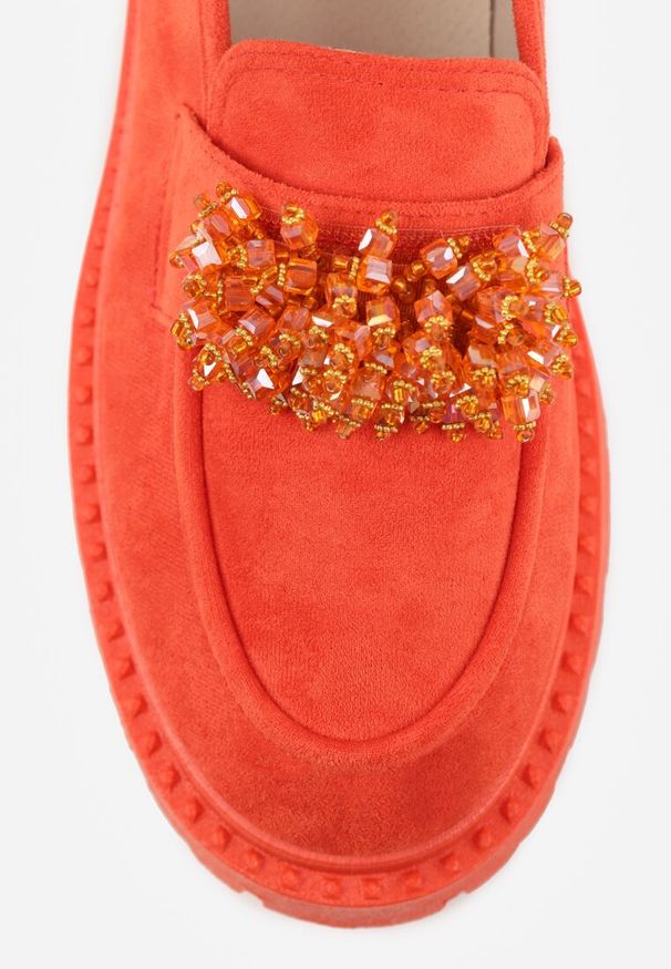 Renee - Pomarańczowe Mokasyny z Aplikacją z Biżuteryjnych Koralików Viatalia. Okazja: do pracy, na co dzień. Kolor: pomarańczowy. Materiał: bawełna. Wzór: aplikacja. Styl: klasyczny, casual