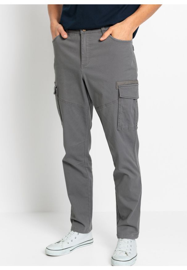bonprix - Spodnie bojówki Slim Fit Straight ze stretchem. Kolor: szary