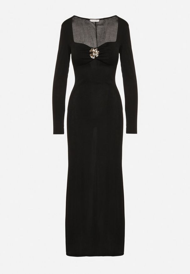 Born2be - Czarna Sukienka Koktajlowa z Biżuteryjną Aplikacją i Długim Rękawem Idivianne. Kolor: czarny. Długość rękawa: długi rękaw. Wzór: aplikacja. Typ sukienki: dopasowane. Styl: wizytowy