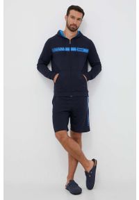BOSS bluza bawełniana męska kolor niebieski z kapturem z nadrukiem. Typ kołnierza: kaptur. Kolor: niebieski. Materiał: bawełna. Długość rękawa: raglanowy rękaw. Wzór: nadruk #5