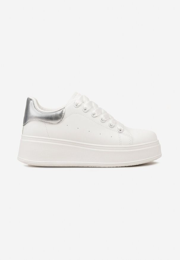 Renee - Biało-Srebrne Sneakersy na Platformie Ozdobione Kontrastową Wstawką Aviasta. Kolor: biały. Wzór: aplikacja. Obcas: na platformie