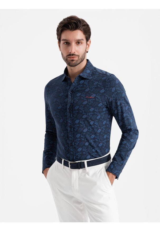 Ombre Clothing - Męska koszula bawełniana z motywem roślinnym – granatowa V1 - Rozmiar: L. Okazja: na co dzień. Kolor: niebieski. Materiał: bawełna. Wzór: haft, kolorowy, gładki, nadruk. Styl: klasyczny, casual, elegancki