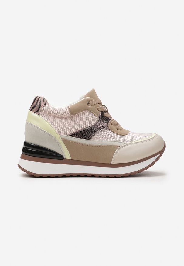 Renee - Beżowe Sneakersy na Ukrytym Niewysokim Koturnie z Brokatem Fioralan. Kolor: beżowy. Obcas: na koturnie