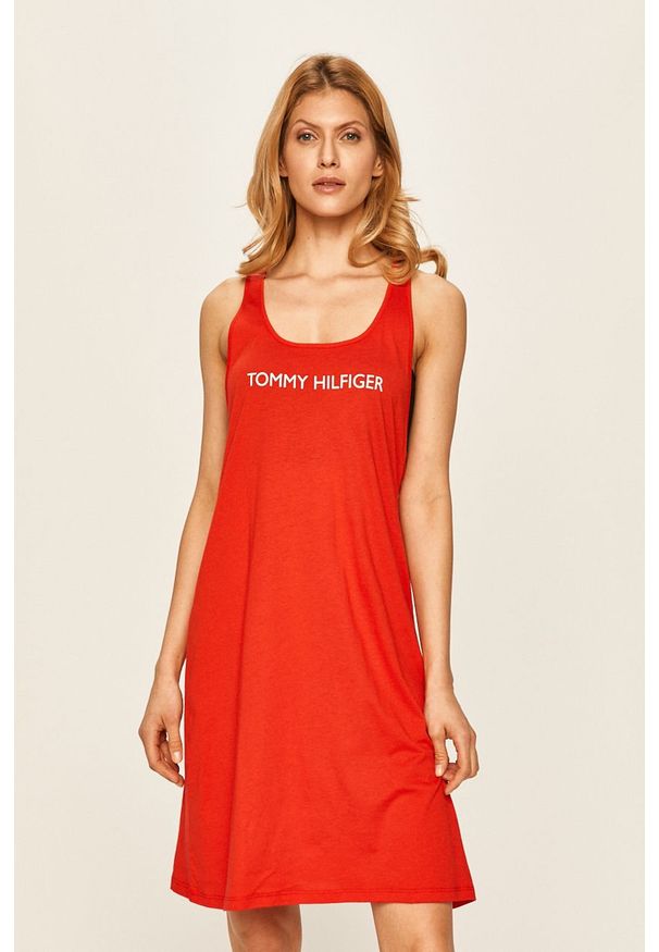 TOMMY HILFIGER - Tommy Hilfiger - Sukienka. Okazja: na co dzień. Kolor: czerwony. Materiał: bawełna, dzianina. Długość rękawa: na ramiączkach. Wzór: nadruk. Typ sukienki: proste. Styl: casual. Długość: mini