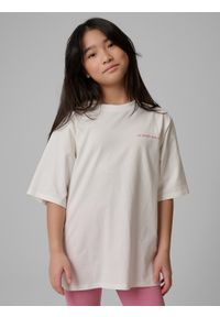 4f - 4F T-shirt loose z nadrukiem dziewczęcy - biały 134/140 (8-10 lat). Okazja: na spacer, na co dzień, na uczelnię. Kolor: biały. Materiał: dzianina, bawełna, skóra, materiał. Wzór: nadruk. Sezon: lato. Styl: casual #1