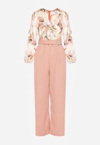 Renee - Różowy Kwiatowy Kombinezon z Kopertowym Dekoltem z Paskiem i Szerokimi Nogawkami Vinia. Okazja: na co dzień. Kolor: różowy. Wzór: kwiaty. Styl: casual, elegancki #2
