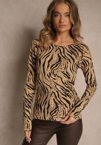 Renee - Beżowo-Czarna Bluzka Longsleeve z Bawełny z Zebrę Unirea. Kolor: brązowy. Materiał: bawełna. Długość rękawa: długi rękaw. Długość: krótkie. Wzór: motyw zwierzęcy. Styl: klasyczny