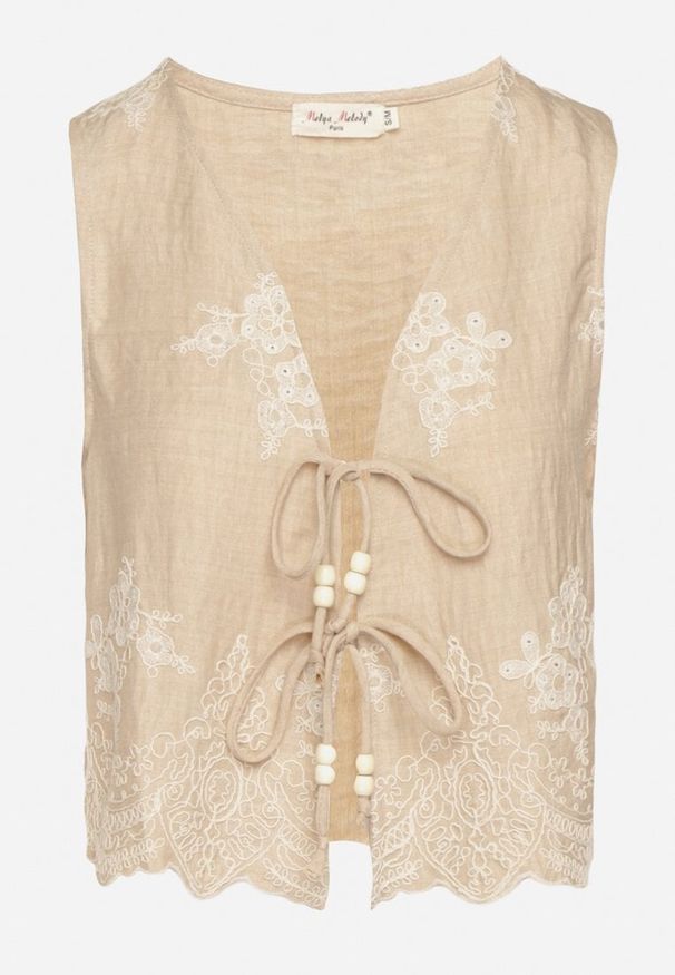 Born2be - Beżowa Kamizelka w Stylu Boho z Haftem i Wiązaniem z Koralikami Olreis. Okazja: na co dzień. Kolor: beżowy. Materiał: koronka, jeans. Wzór: haft. Sezon: wiosna, lato. Styl: boho