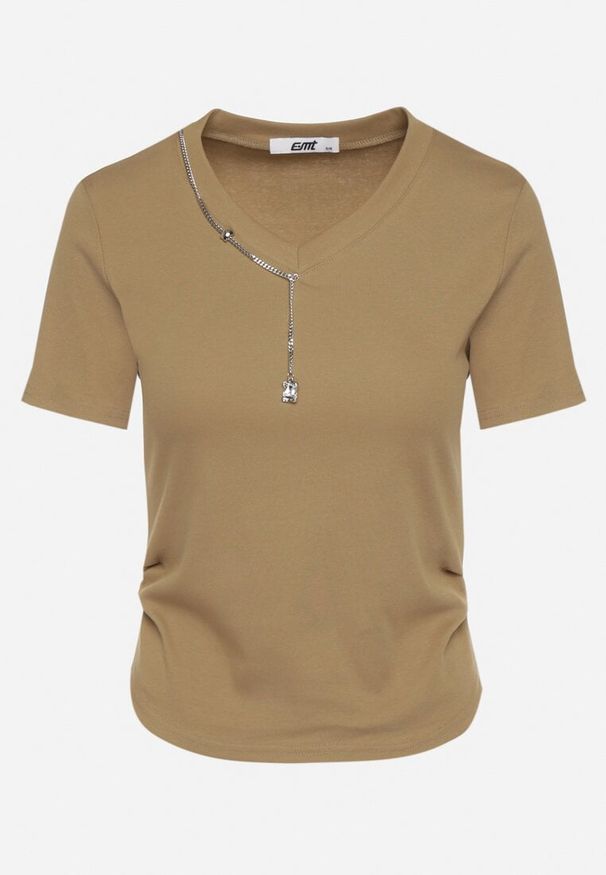 Born2be - Ciemnozielony Bawełniany T-shirt Ozdobiony Marszczeniem i Łańcuszkiem Olitrea. Okazja: na co dzień. Kolor: zielony. Materiał: bawełna. Wzór: aplikacja. Styl: casual