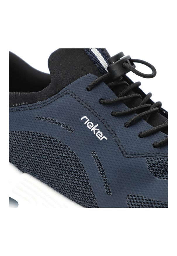 Sneakersy damskie Rieker, tekstylna cholewka z siateczkowymi panelami i sznurowaniem oraz wzmocnionym zapiętkiem, niebieskie, N5257-14. Okazja: na spacer, na co dzień. Kolor: niebieski. Materiał: materiał. Szerokość cholewki: normalna. Sport: turystyka piesza