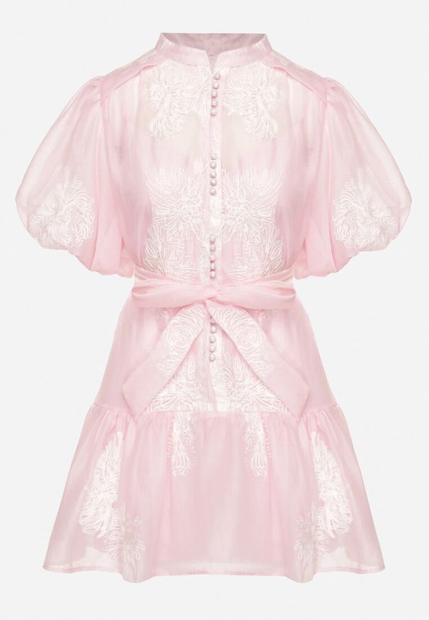 Born2be - Różowa Koszulowa Przezroczysta Sukienka z Bawełną Haftami i Paskiem Lirulira. Okazja: na co dzień. Kolor: różowy. Materiał: bawełna. Wzór: haft. Sezon: lato. Typ sukienki: koszulowe. Styl: casual, elegancki