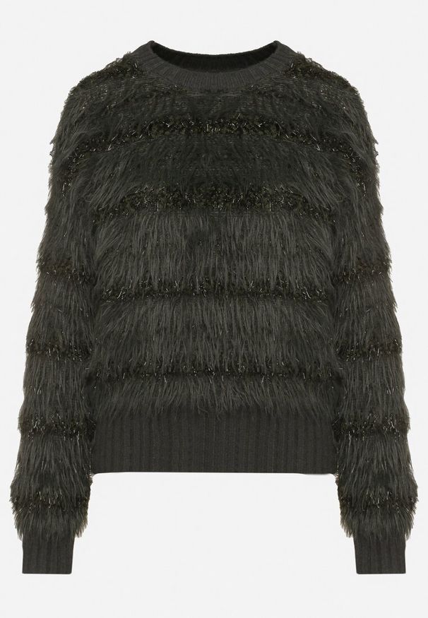 Born2be - Ciemnozielony Puchaty Sweter z Wełną i Ściągaczami Exenevia. Kolor: zielony. Materiał: wełna. Sezon: zima