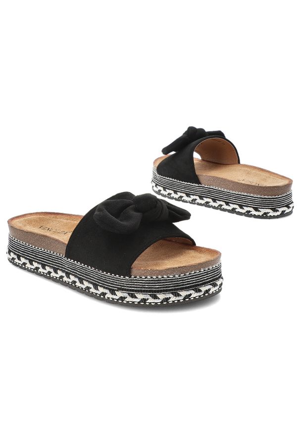 Czarne Klapki Vinceza Modne Obuwie Damskie Z Kokardką. Okazja: na spacer. Kolor: czarny. Materiał: materiał. Sezon: lato. Styl: klasyczny, wakacyjny