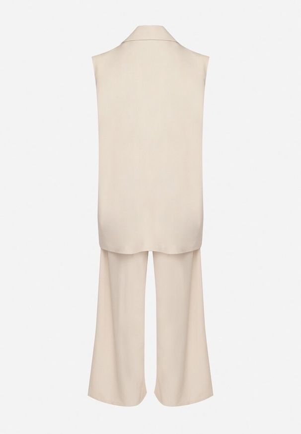 Born2be - Beżowy Garniturowy Komplet Długa Kamizelka i Szerokie Spodnie Edivira. Kolor: beżowy. Materiał: materiał