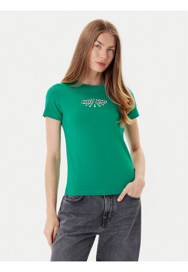 Guess Jeans T-Shirt W5YI04 J1314 Zielony Slim Fit. Kolor: zielony. Materiał: bawełna