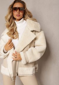 Renee - Jasnobeżowa Kurtka Ramoneska z Futerkiem Mysteri. Okazja: na co dzień. Kolor: beżowy. Materiał: futro. Wzór: paski. Styl: casual, elegancki #5